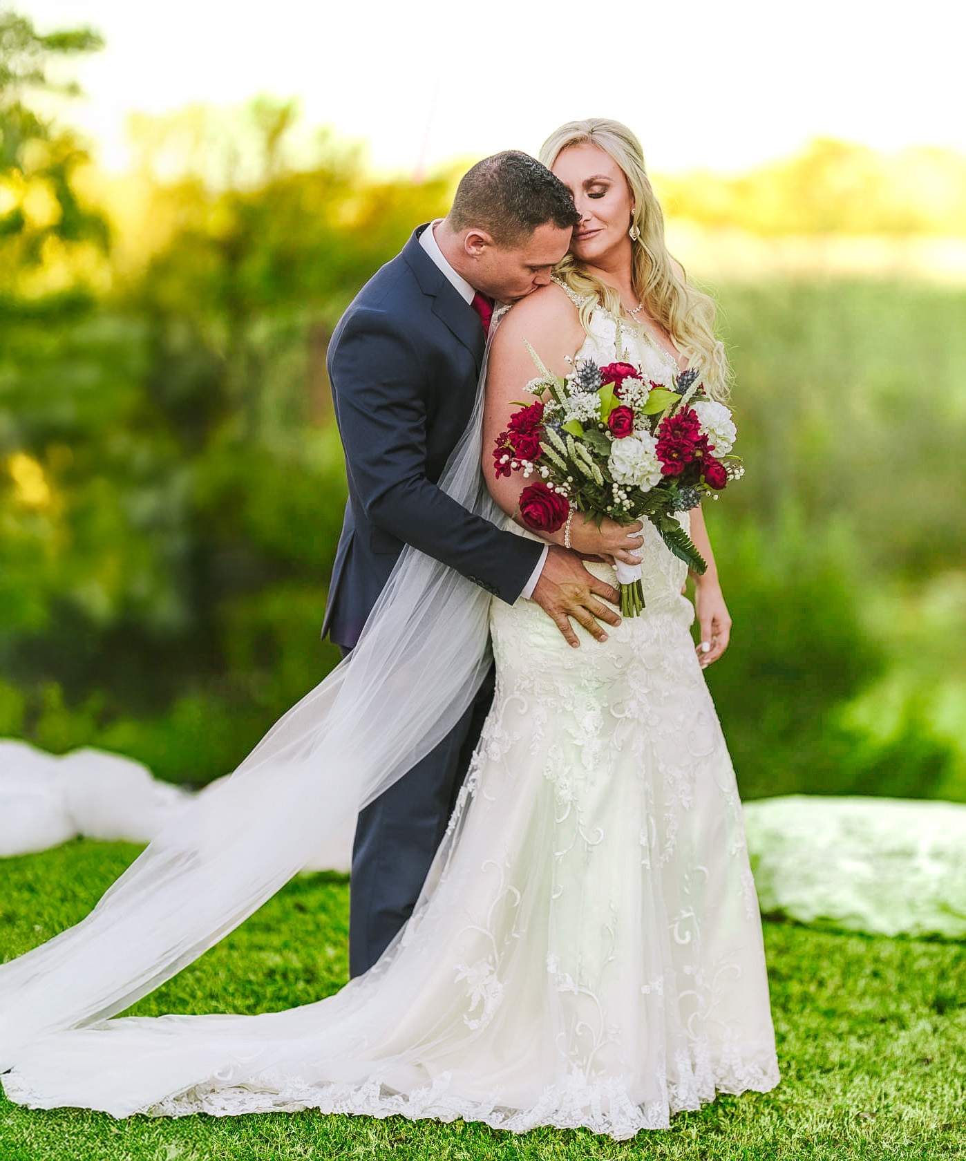 Bride and Groom on their wedding day posing at Bethel Rock Wedding Venue