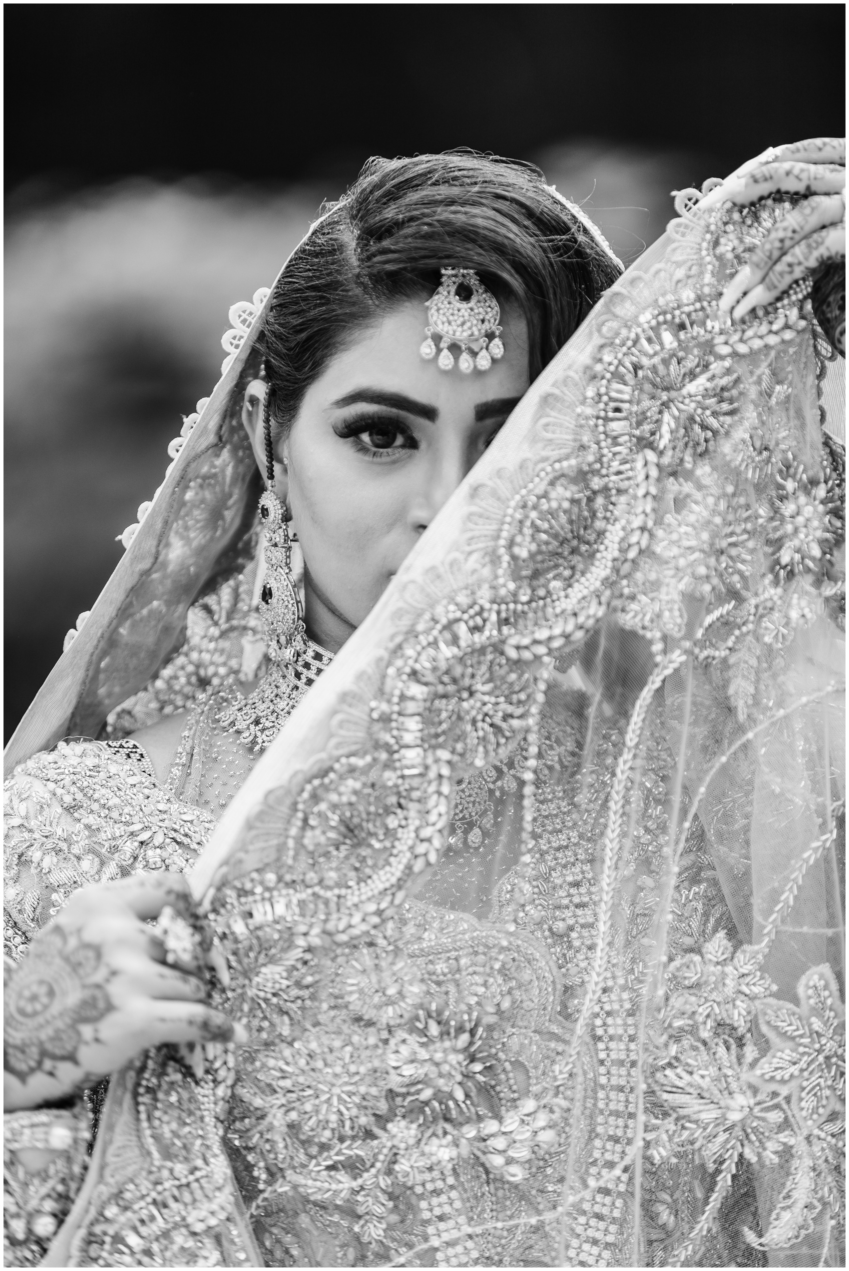 A bride in her ornate indian garb hides behind her veil at her Stonebridge Ranch Country Club Wedding