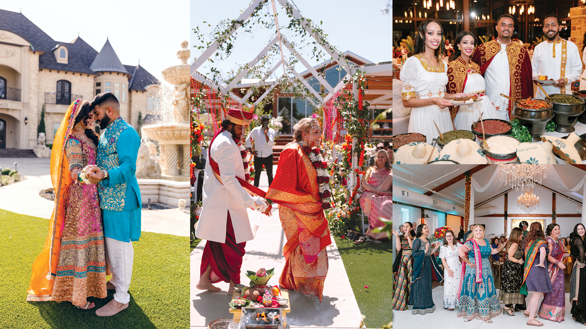 Multi-day wedding photo and video collage featuring luxury portraits, cultural ceremonies, and wedding celebrations